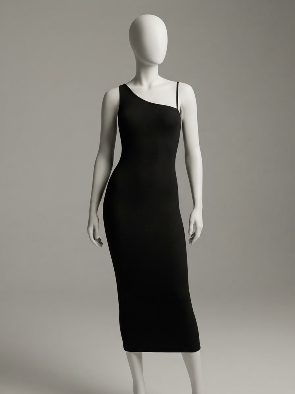 Nine West One-Shoulder Black Midi Bodycon Dress